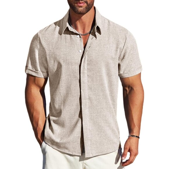 Men's Slate Grey Linen Short Sleeve Button Down Casual Shirt Business Dress - Picture 1 of 6